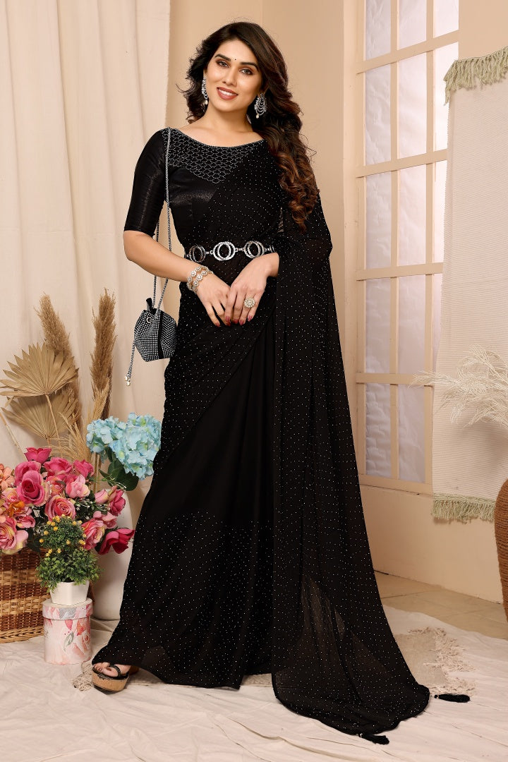 Premium Antara Black Satin Chiffon Stone Work Saree with Satin Blouse (Party Wear)
