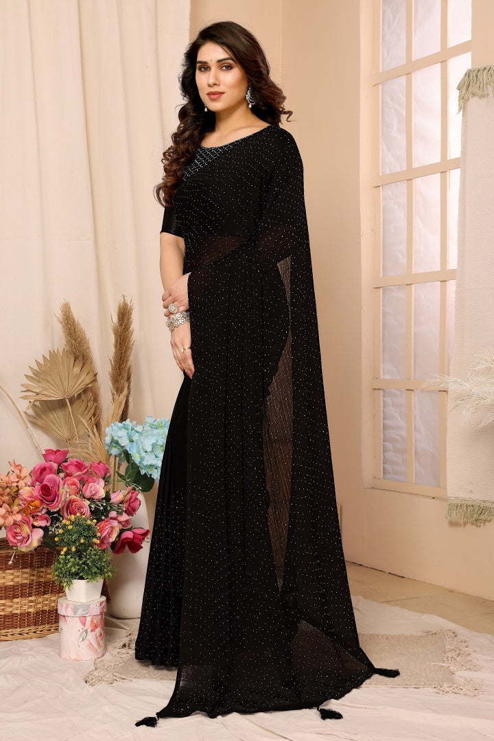Premium Antara Black Satin Chiffon Stone Work Saree with Satin Blouse (Party Wear)