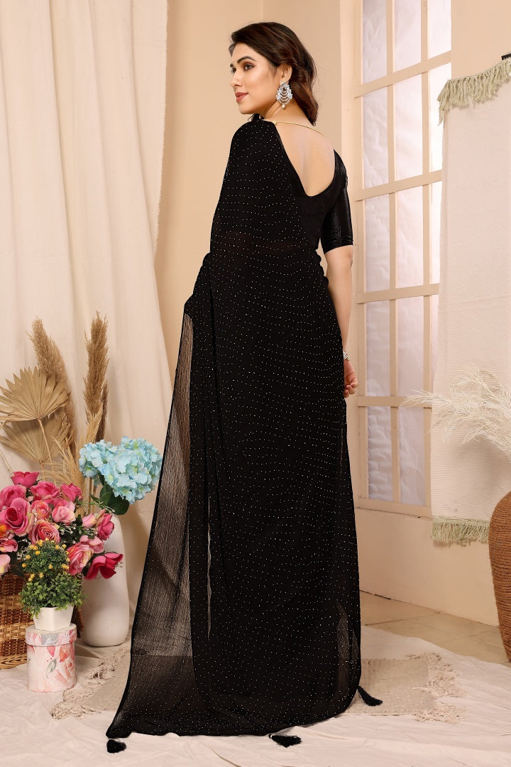 Premium Antara Black Satin Chiffon Stone Work Saree with Satin Blouse (Party Wear)