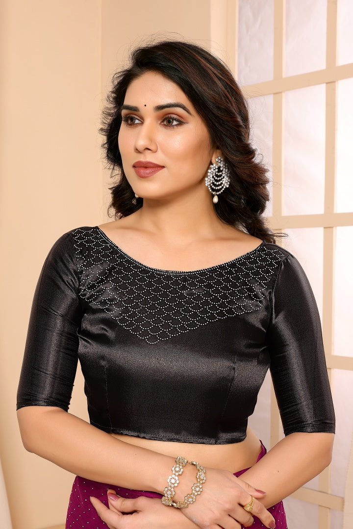 Premium Antara Black Satin Chiffon Stone Work Saree with Satin Blouse (Party Wear)