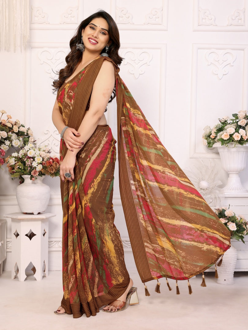 Brown Printed Weightless Patta Saree for Women with Blouse