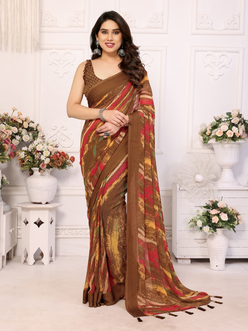 Brown Printed Weightless Patta Saree for Women with Blouse