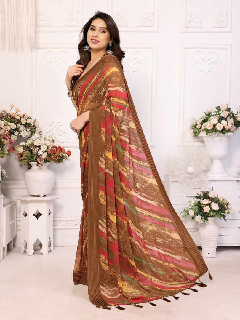 Brown Printed Weightless Patta Saree for Women with Blouse