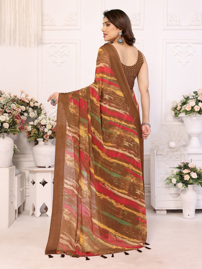 Brown Printed Weightless Patta Saree for Women with Blouse