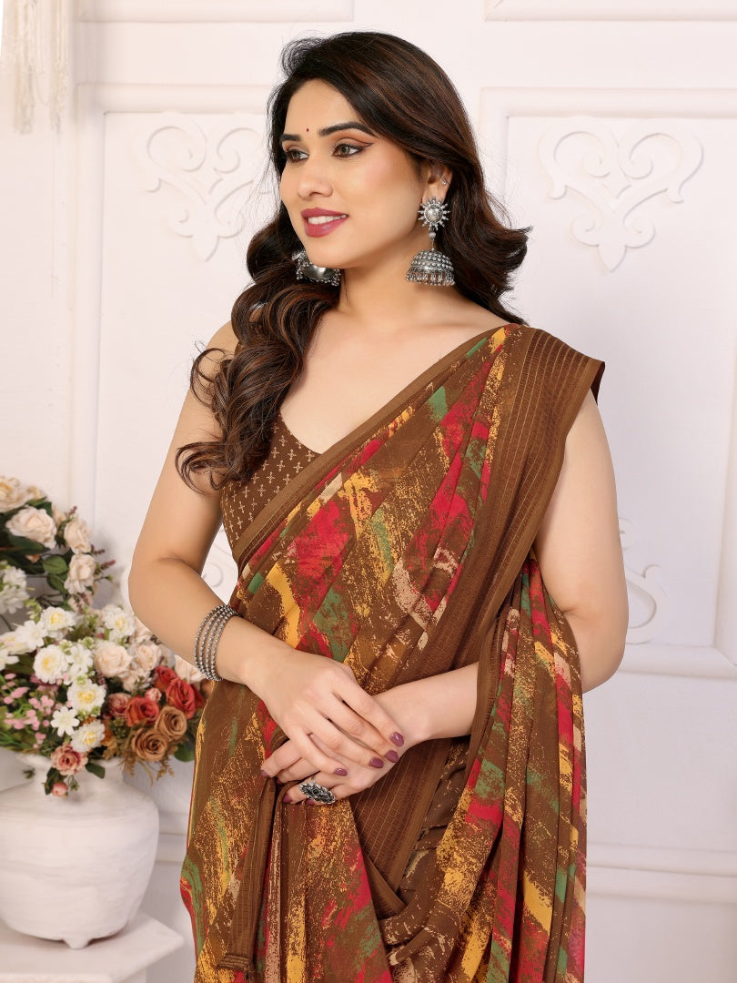 Brown Printed Weightless Patta Saree for Women with Blouse