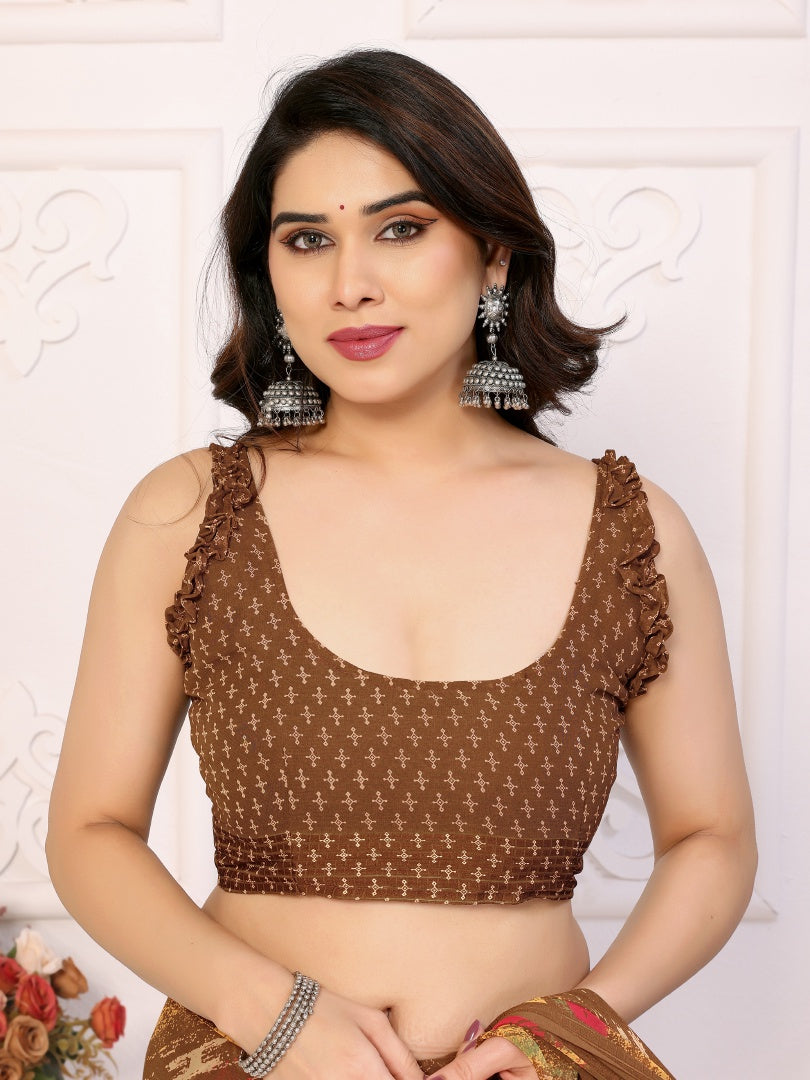 Brown Printed Weightless Patta Saree for Women with Blouse