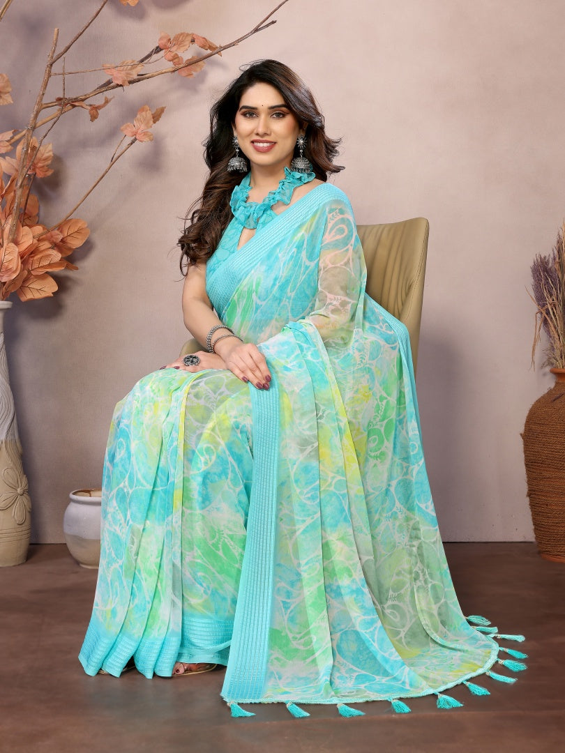 Firozi Printed Weightless Patta Saree for Women with Blouse