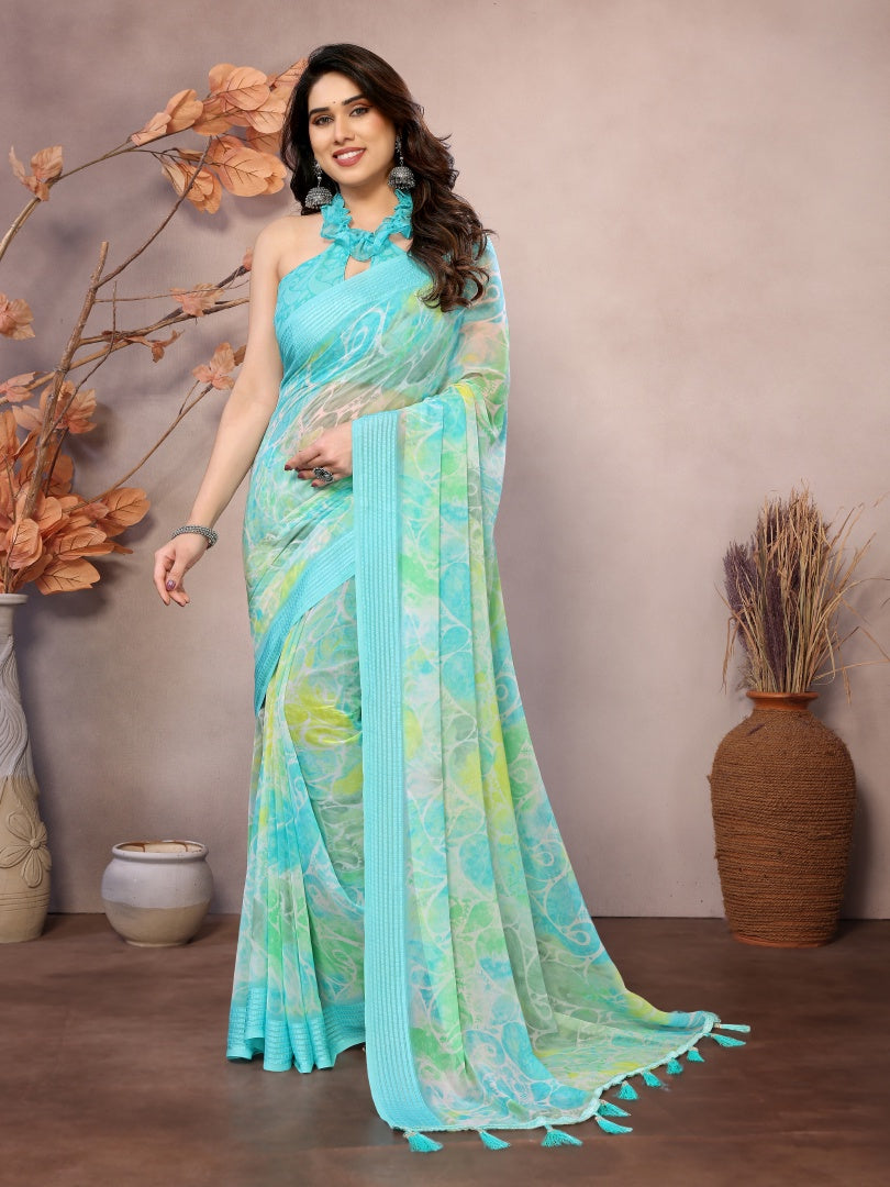 Firozi Printed Weightless Patta Saree for Women with Blouse