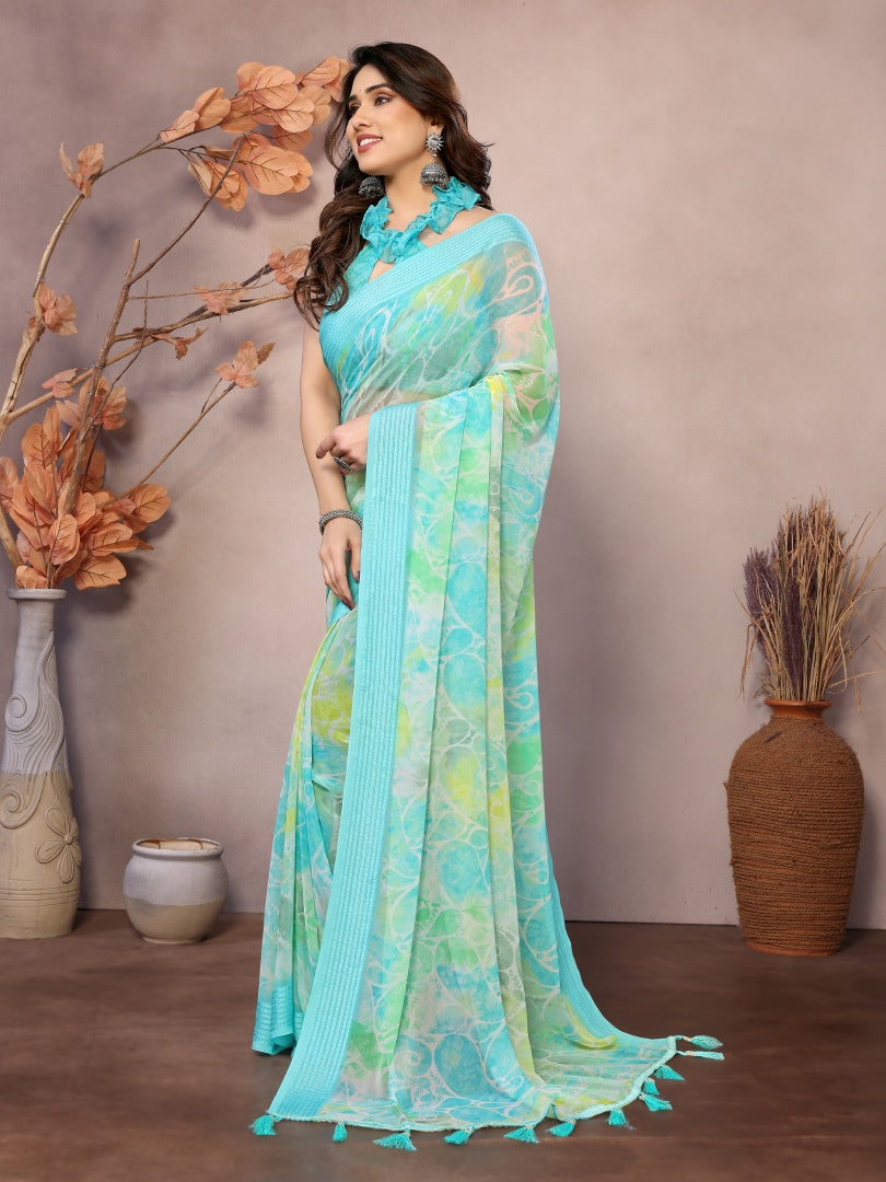 Firozi Printed Weightless Patta Saree for Women with Blouse