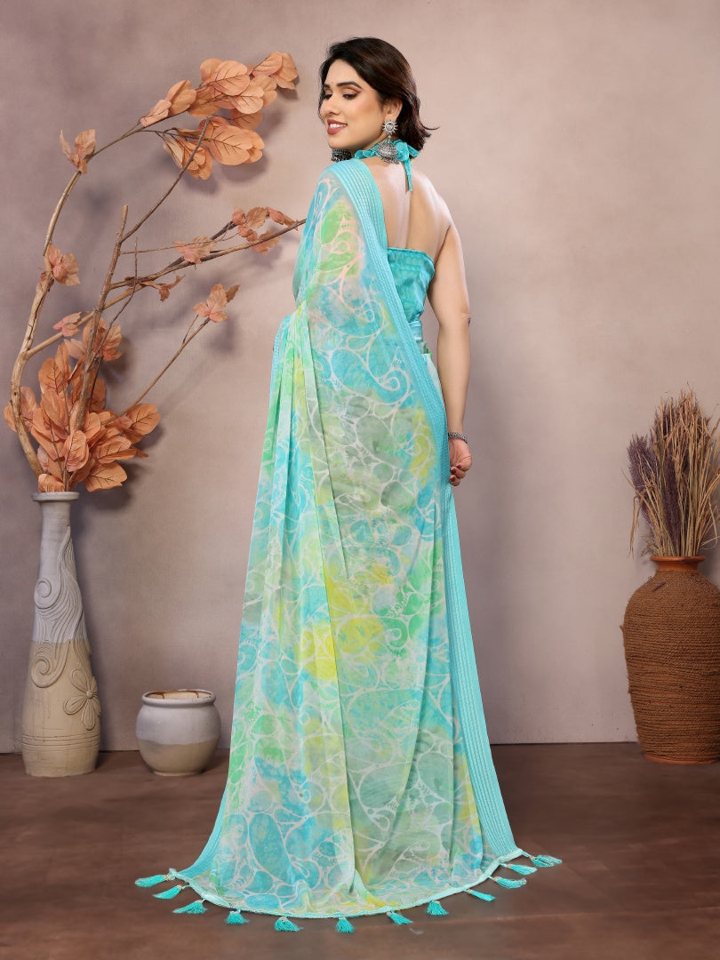 Firozi Printed Weightless Patta Saree for Women with Blouse