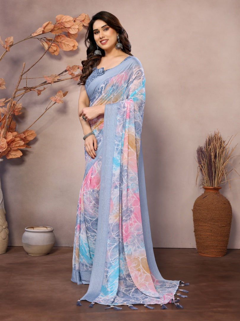 Grey Printed Weightless Patta Saree for Women with Blouse