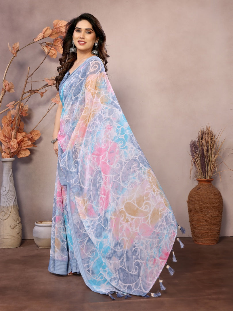Grey Printed Weightless Patta Saree for Women with Blouse