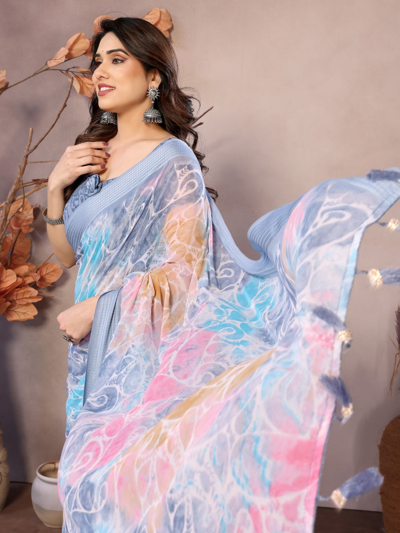 Grey Printed Weightless Patta Saree for Women with Blouse