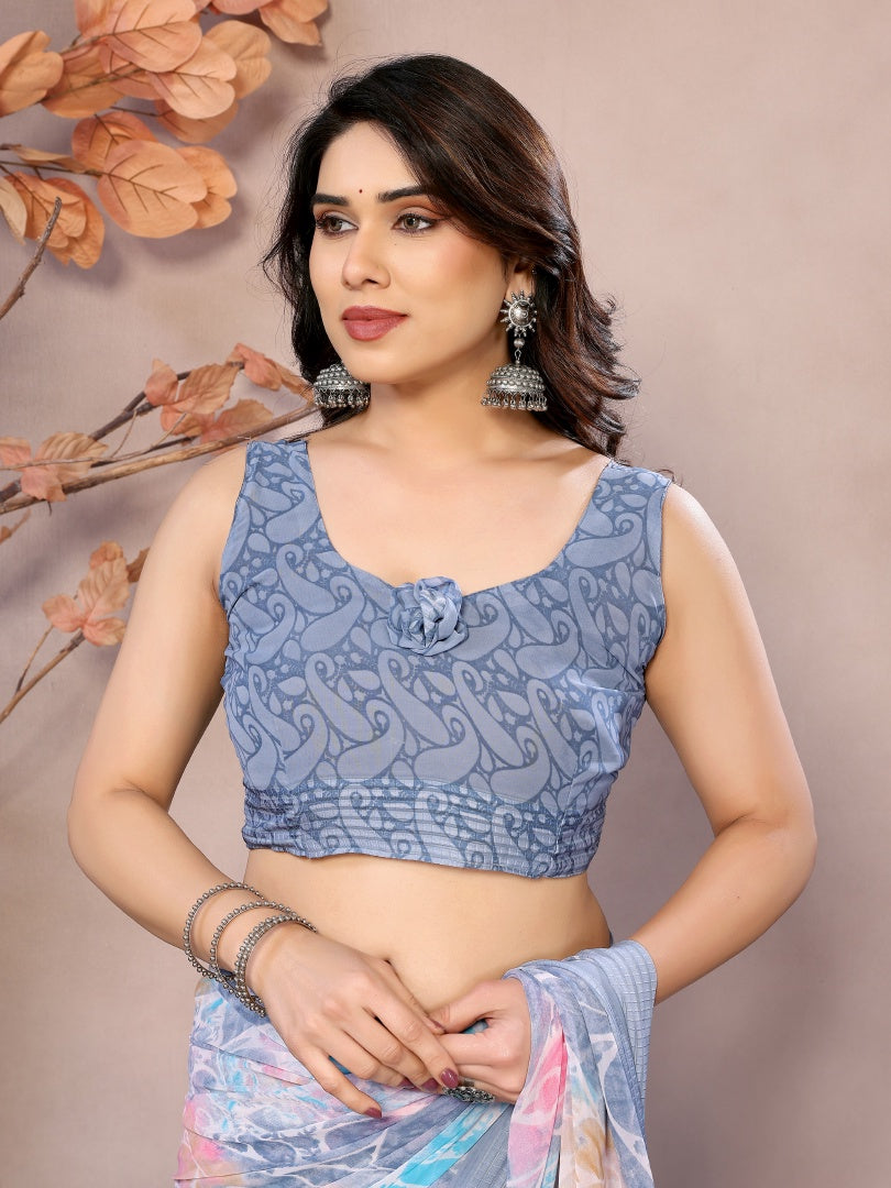 Grey Printed Weightless Patta Saree for Women with Blouse