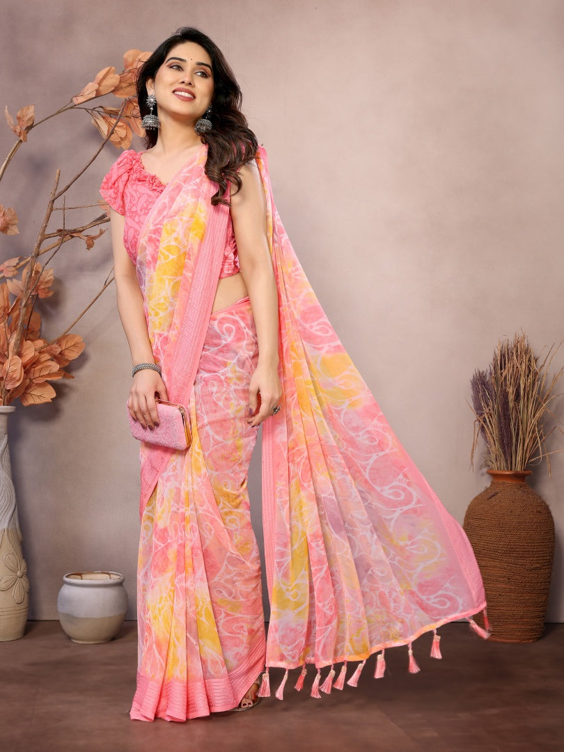 Peach Printed Weightless Patta Saree for Women with Blouse
