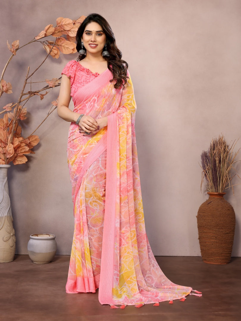 Peach Printed Weightless Patta Saree for Women with Blouse