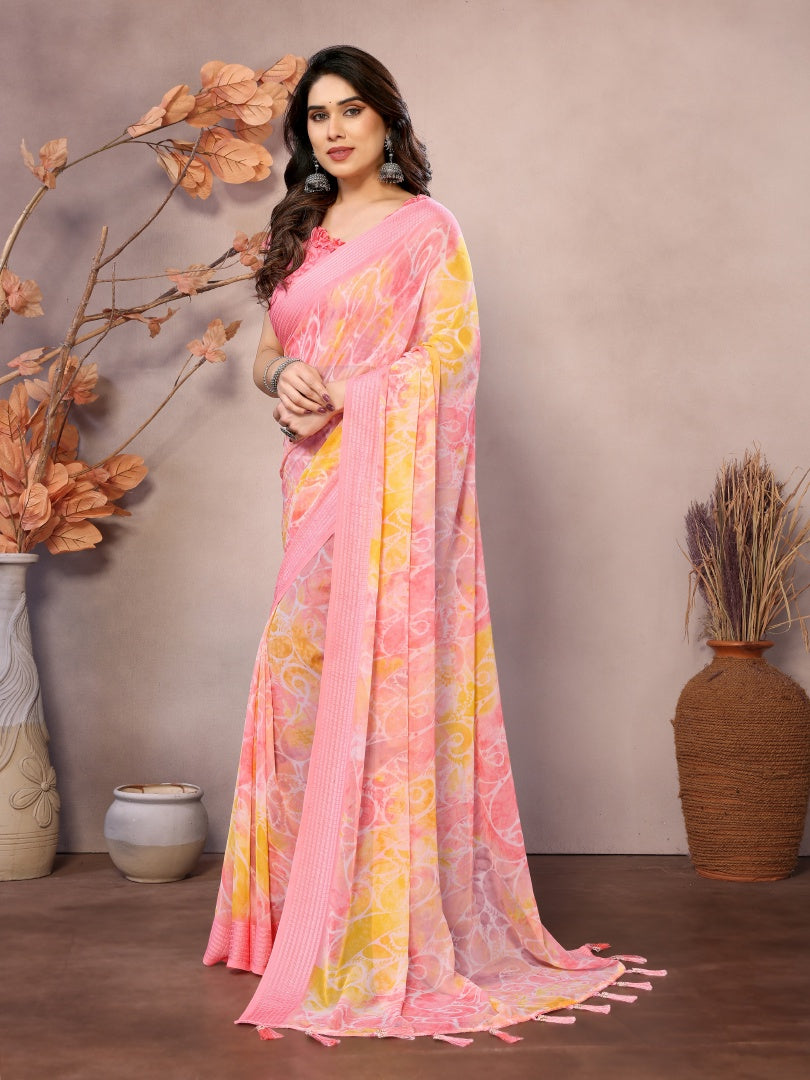 Peach Printed Weightless Patta Saree for Women with Blouse