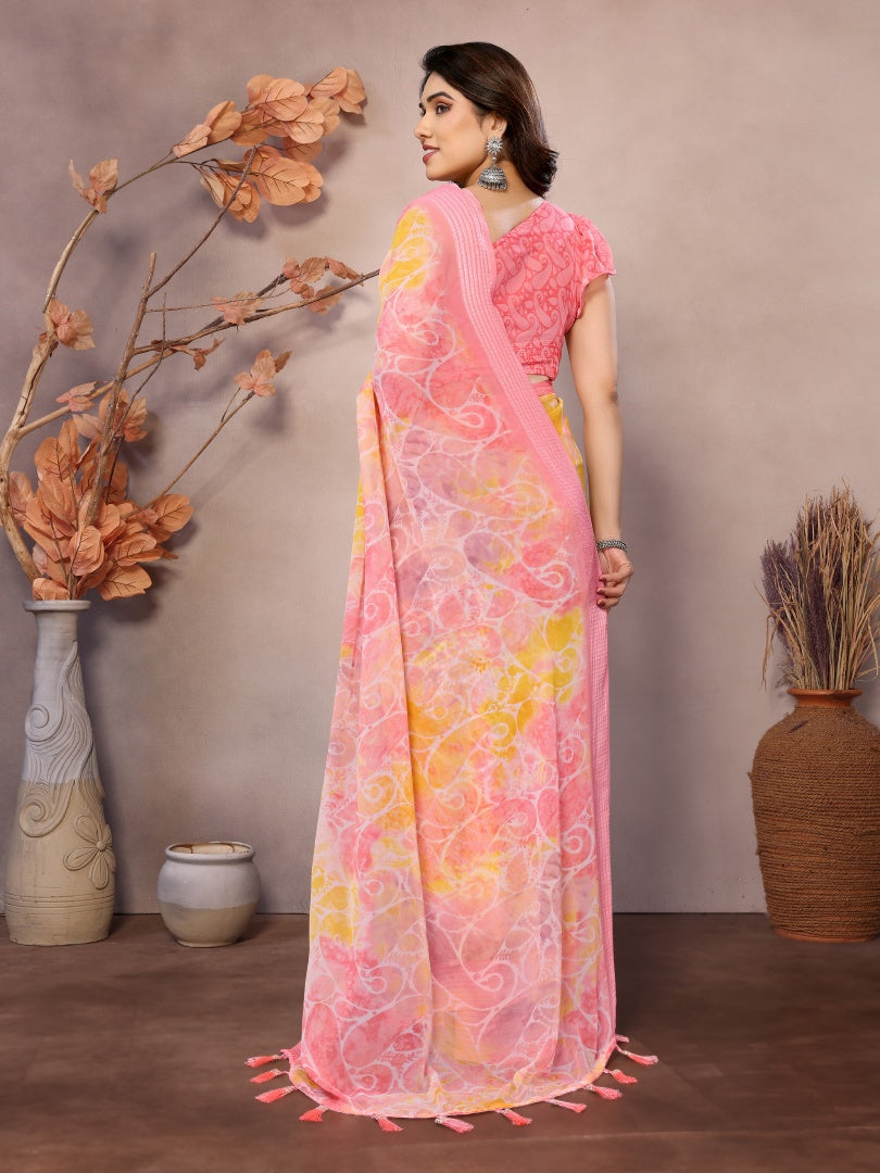 Peach Printed Weightless Patta Saree for Women with Blouse