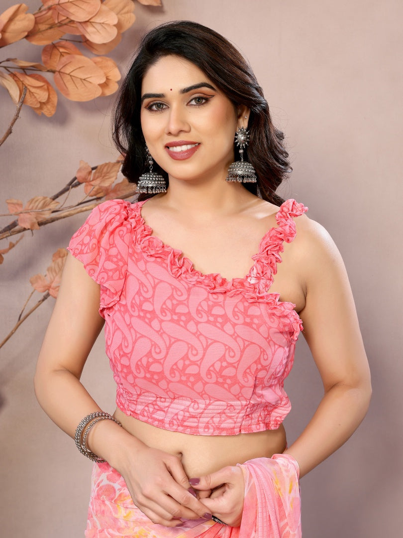 Peach Printed Weightless Patta Saree for Women with Blouse