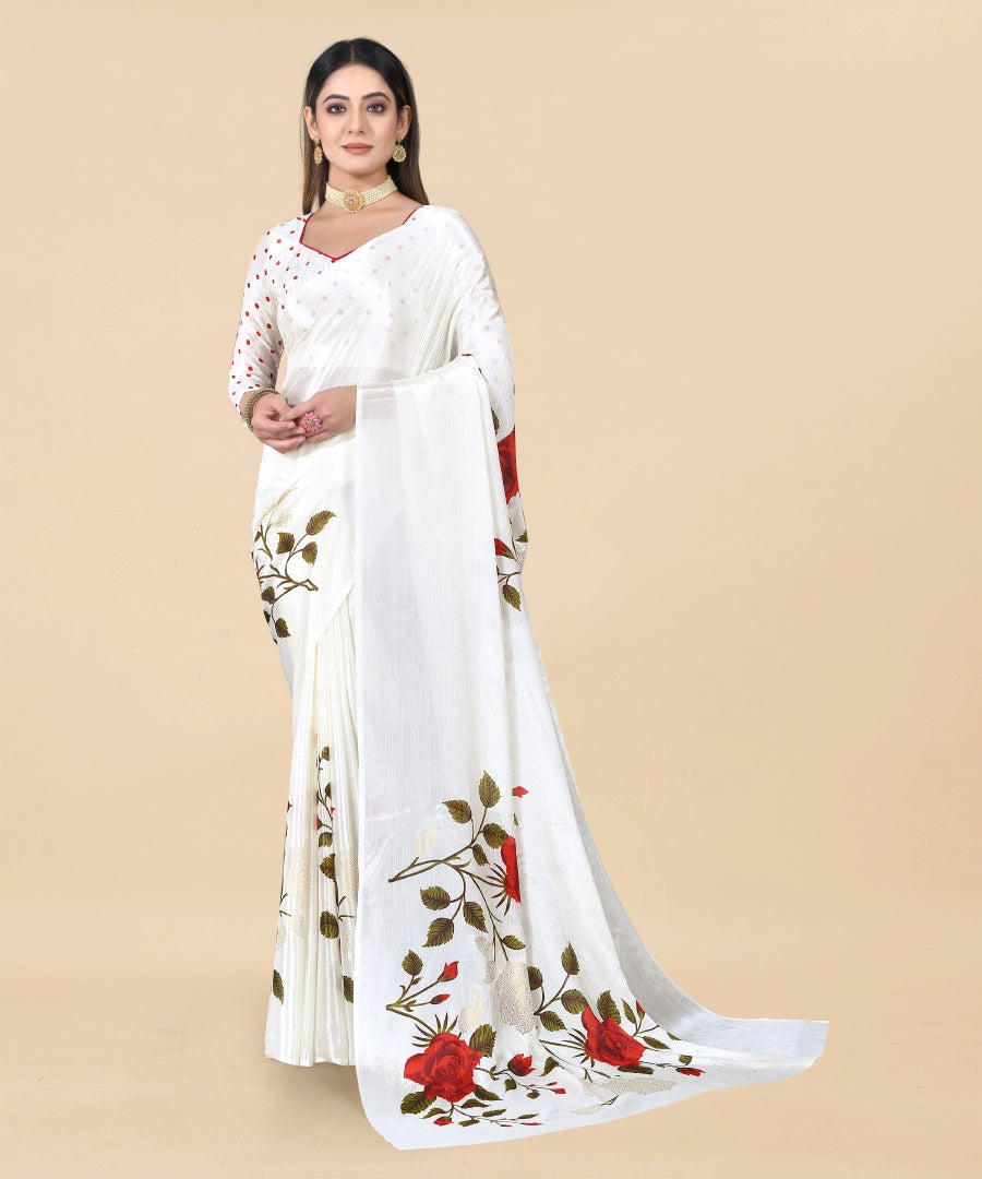 Classic White Chinon Printed Saree with Foil Work & Chiffon Blouse