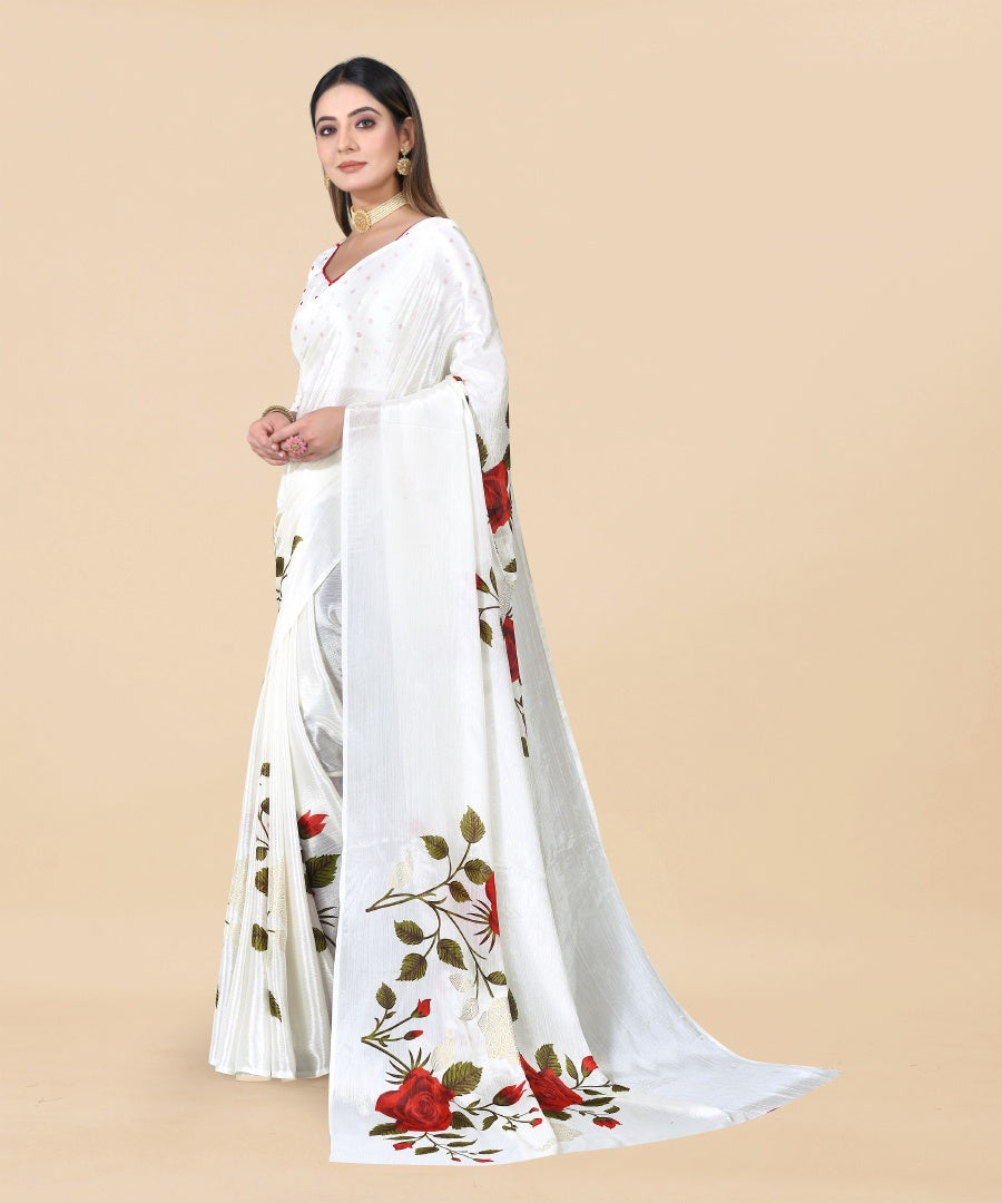 Classic White Chinon Printed Saree with Foil Work & Chiffon Blouse