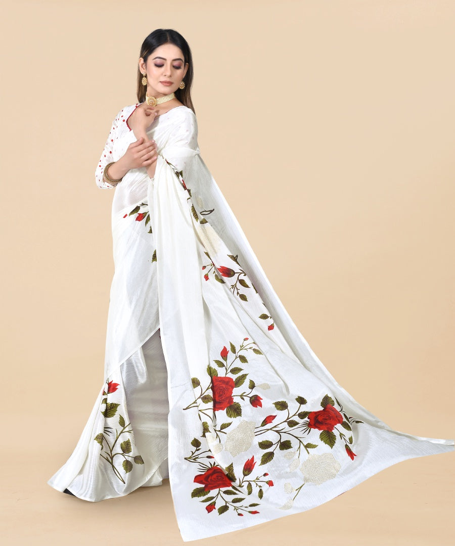 Classic White Chinon Printed Saree with Foil Work & Chiffon Blouse