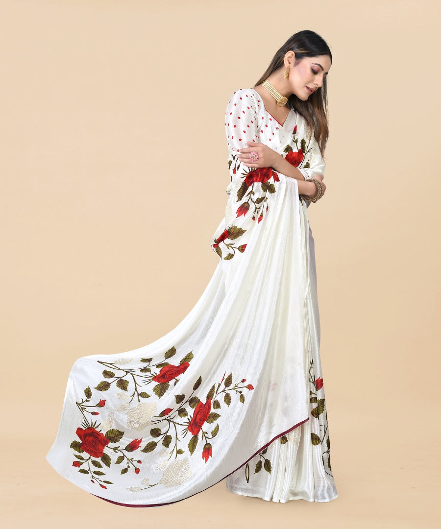Classic White Chinon Printed Saree with Foil Work & Chiffon Blouse