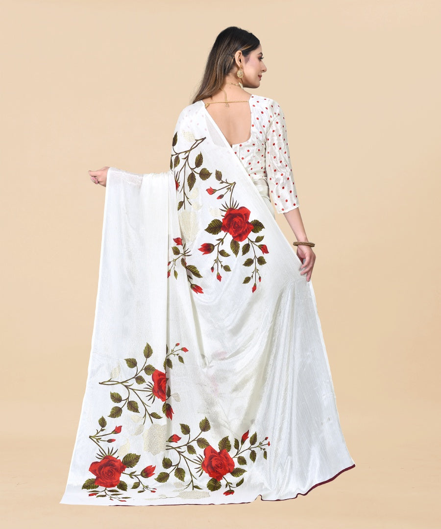 Classic White Chinon Printed Saree with Foil Work & Chiffon Blouse