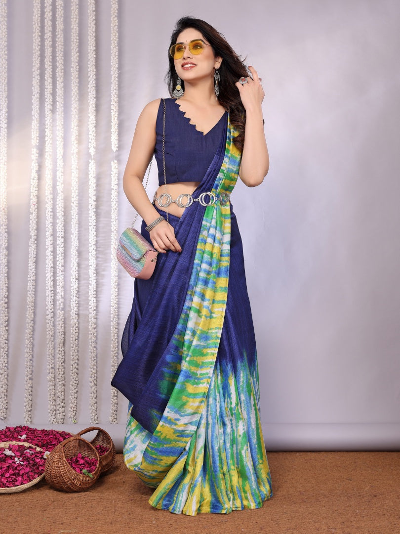 Stylish Dark Blue Khadi Printed Saree with Matching Blouse