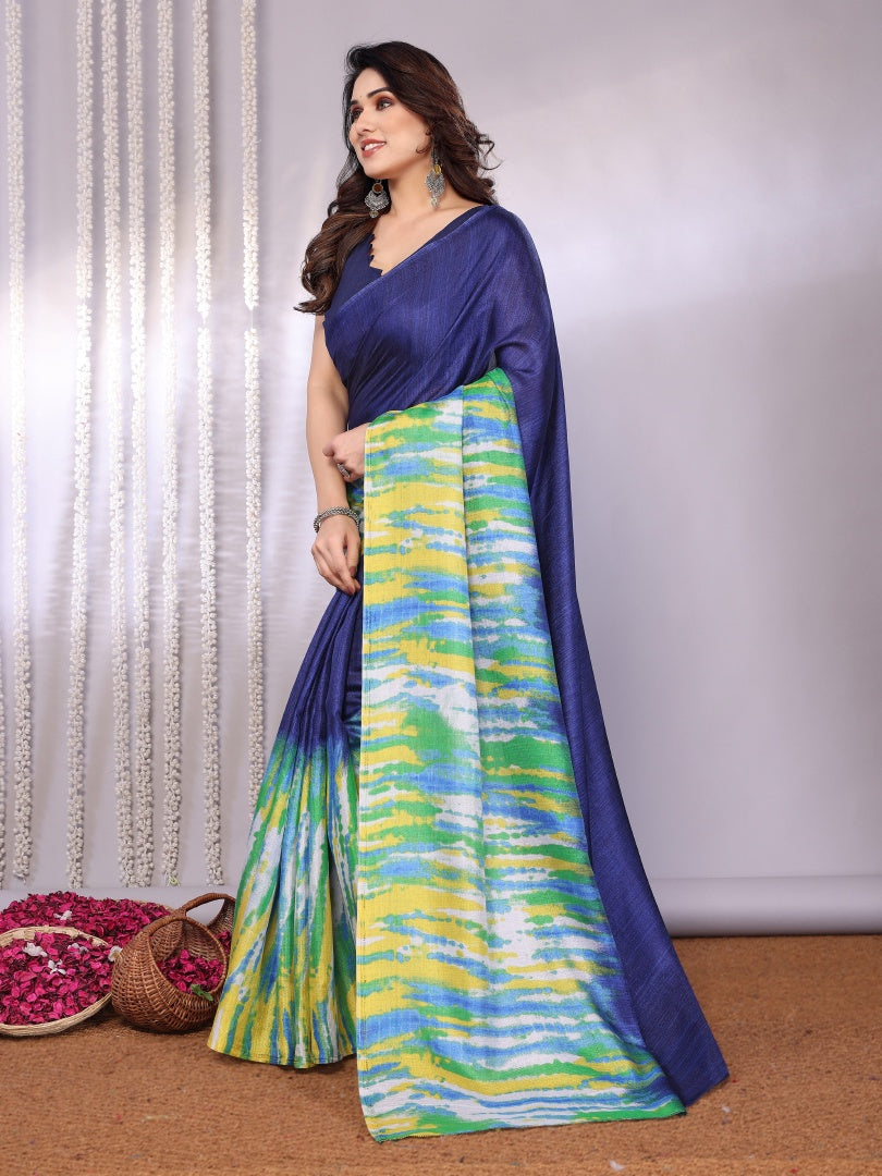 Stylish Dark Blue Khadi Printed Saree with Matching Blouse