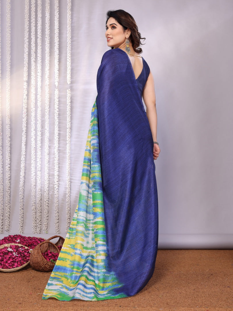 Stylish Dark Blue Khadi Printed Saree with Matching Blouse