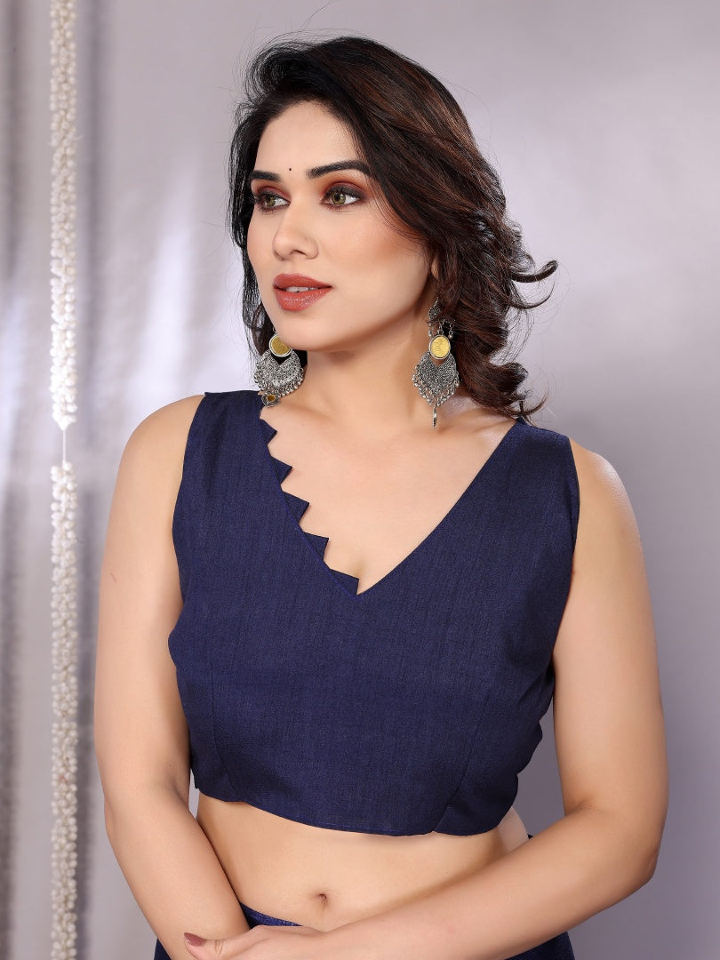 Stylish Dark Blue Khadi Printed Saree with Matching Blouse