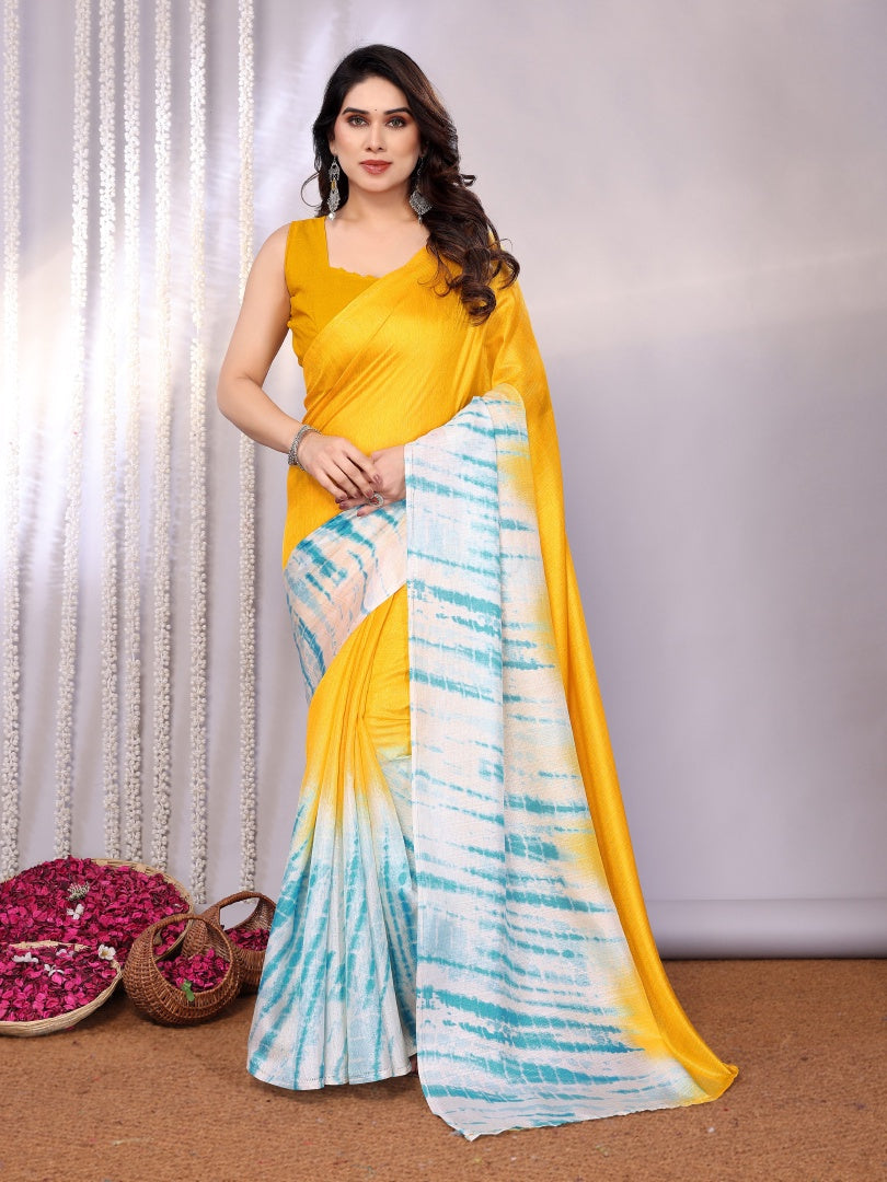 Bright Yellow Khadi Printed Saree with Matching Khadi Blouse
