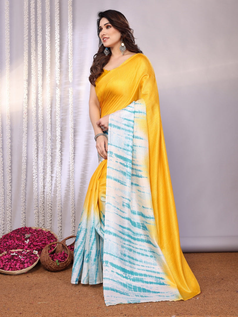 Bright Yellow Khadi Printed Saree with Matching Khadi Blouse