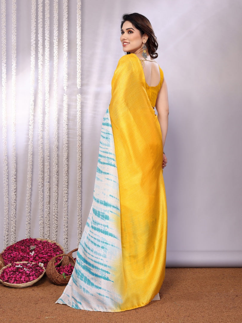 Bright Yellow Khadi Printed Saree with Matching Khadi Blouse