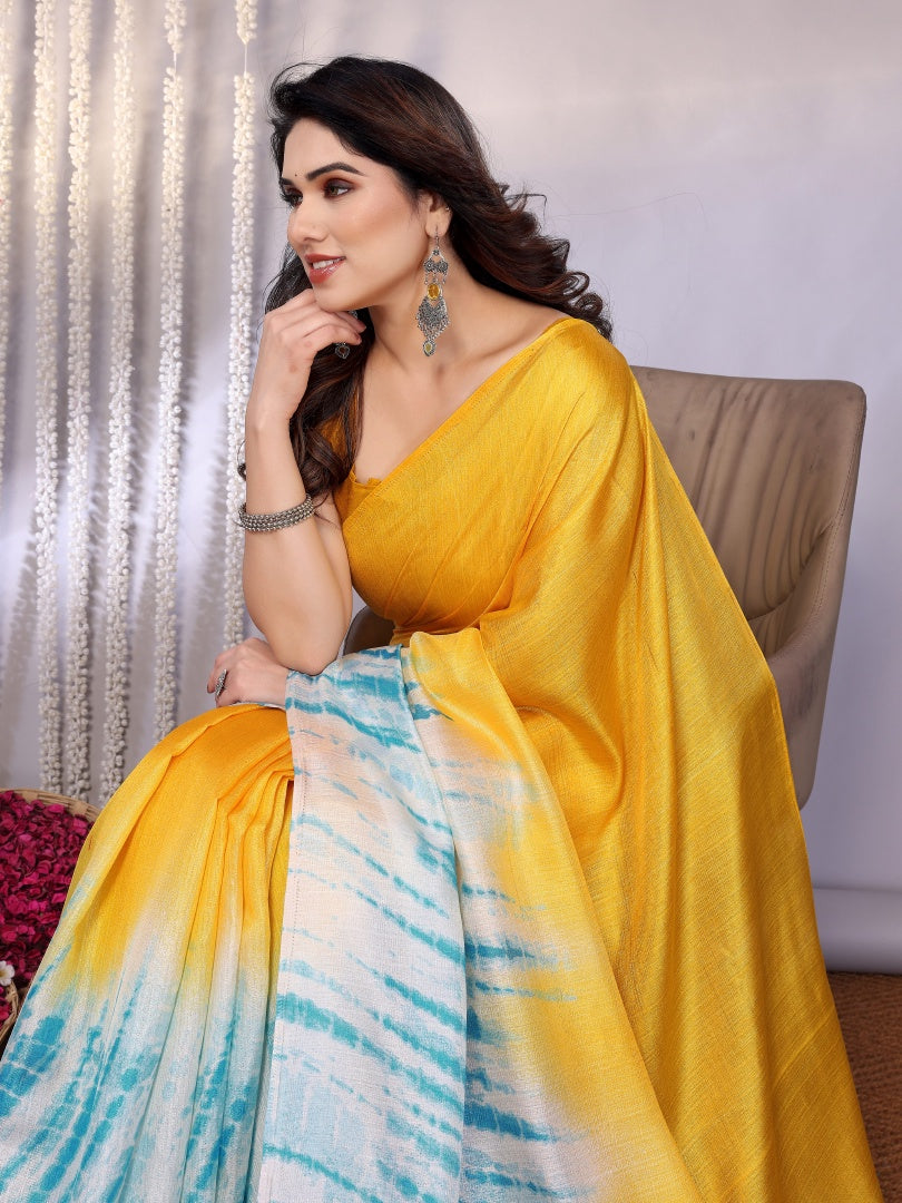 Bright Yellow Khadi Printed Saree with Matching Khadi Blouse