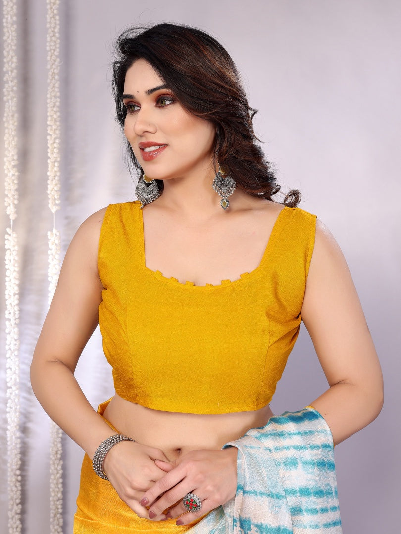 Bright Yellow Khadi Printed Saree with Matching Khadi Blouse