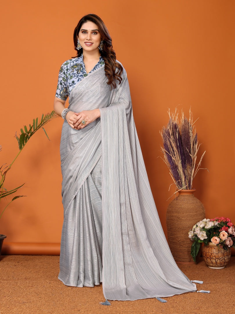 Grey Plain Saree with Kalamkari Digital Print Blouse for Women