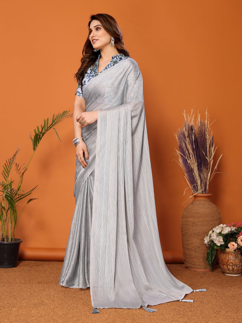 Grey Plain Saree with Kalamkari Digital Print Blouse for Women