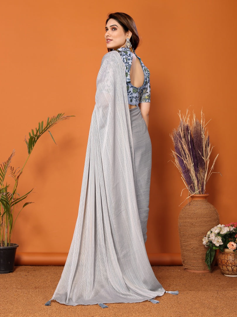 Grey Plain Saree with Kalamkari Digital Print Blouse for Women