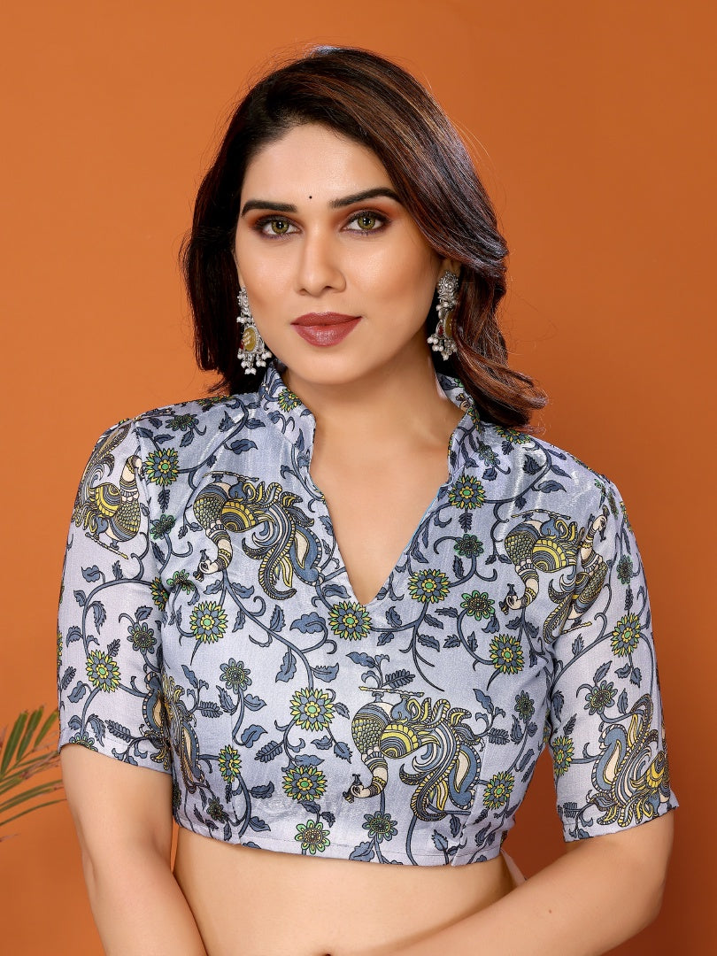 Grey Plain Saree with Kalamkari Digital Print Blouse for Women