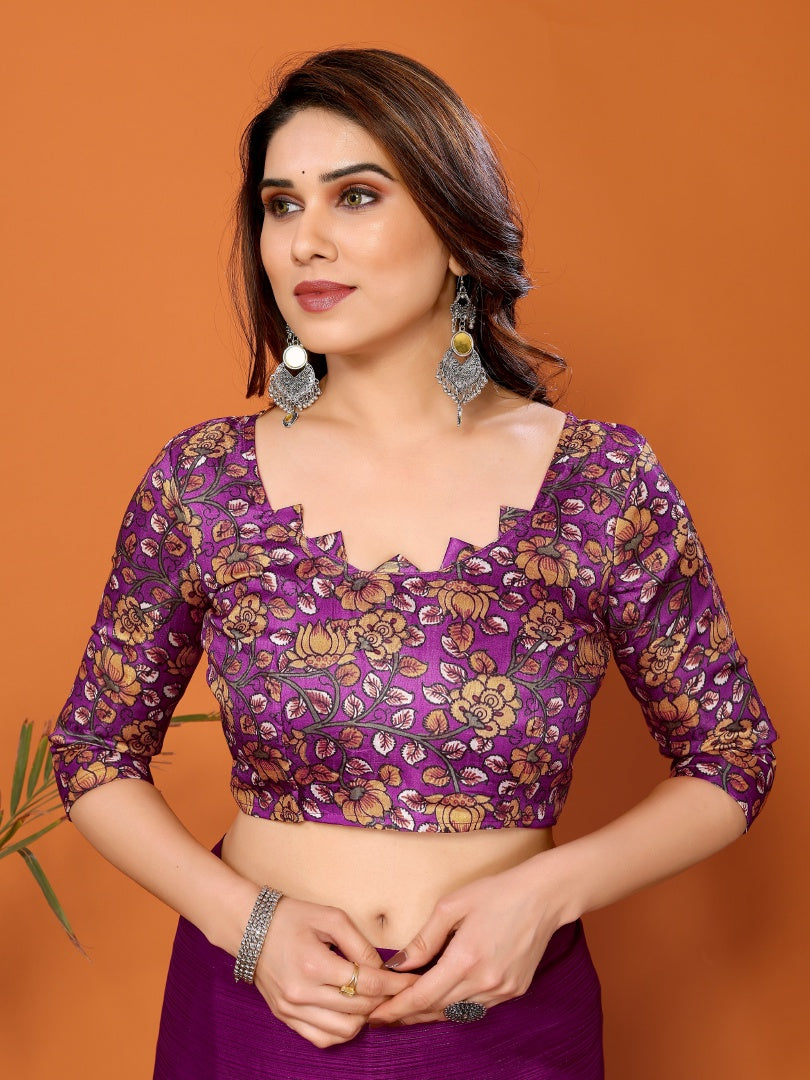 Magenta Plain Saree with Kalamkari Digital Print Blouse