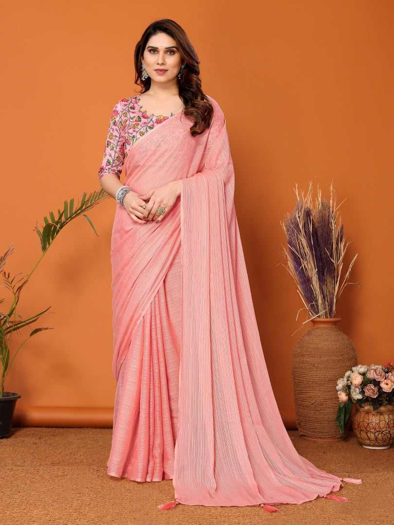 Peach Plain Saree with Kalamkari Digital Print Blouse