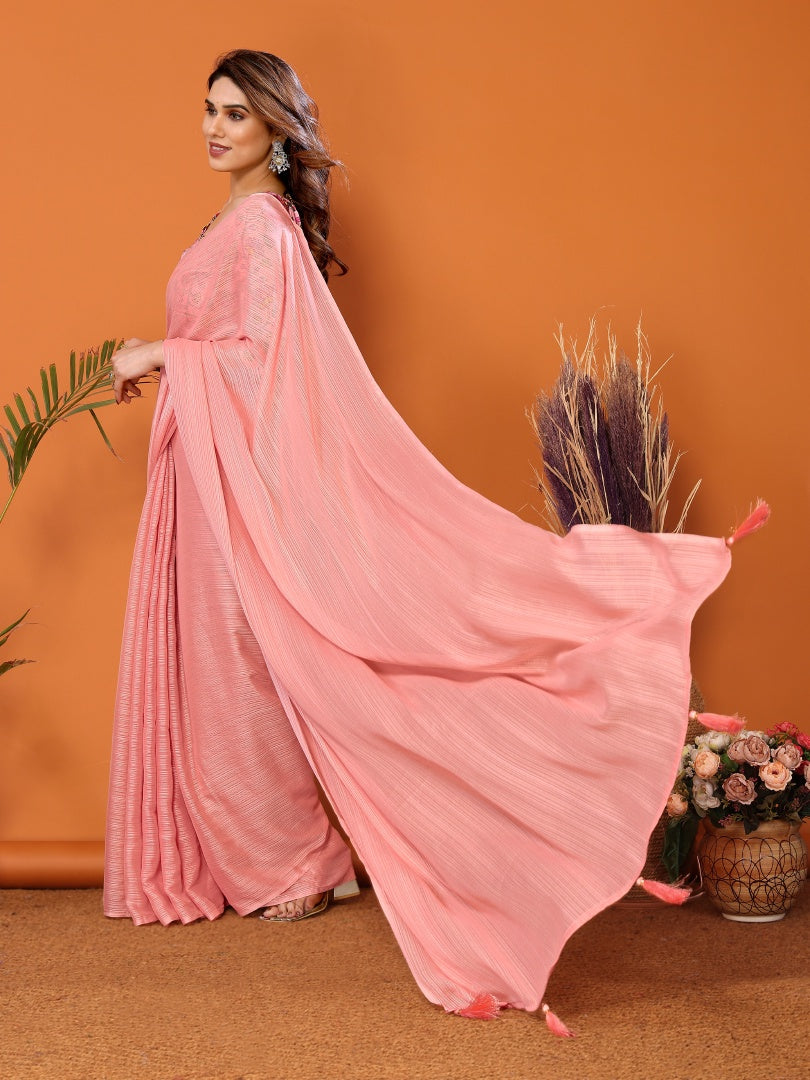 Peach Plain Saree with Kalamkari Digital Print Blouse