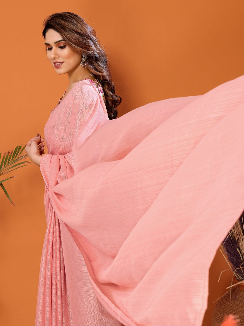 Peach Plain Saree with Kalamkari Digital Print Blouse