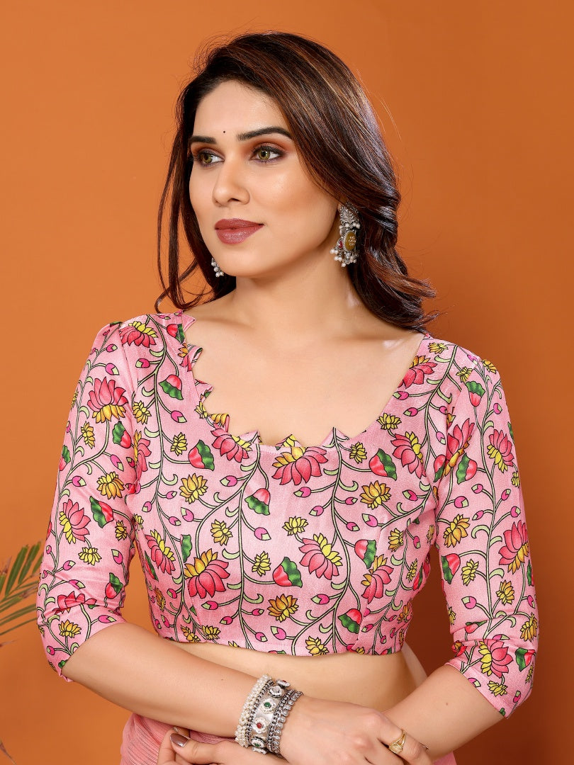 Peach Plain Saree with Kalamkari Digital Print Blouse