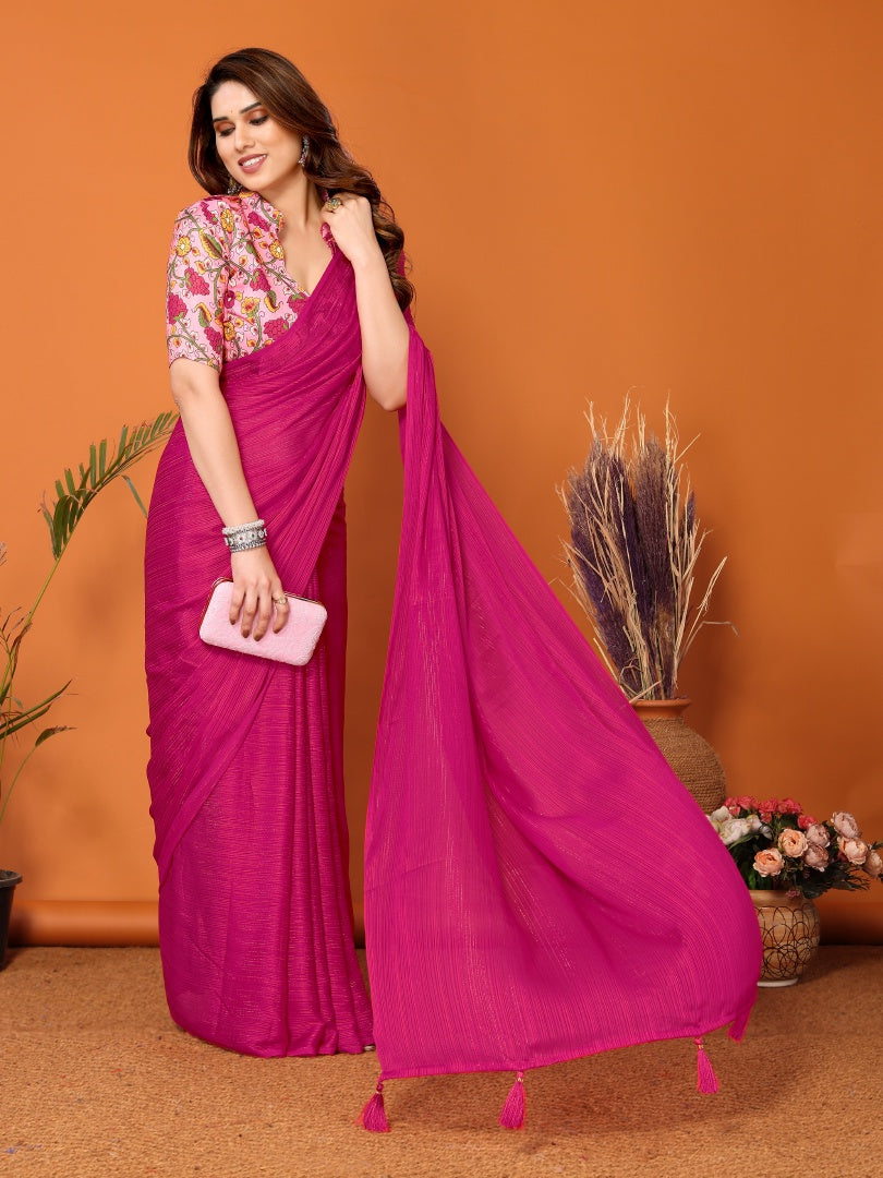 Pink Plain Saree with Kalamkari Digital Print Blouse