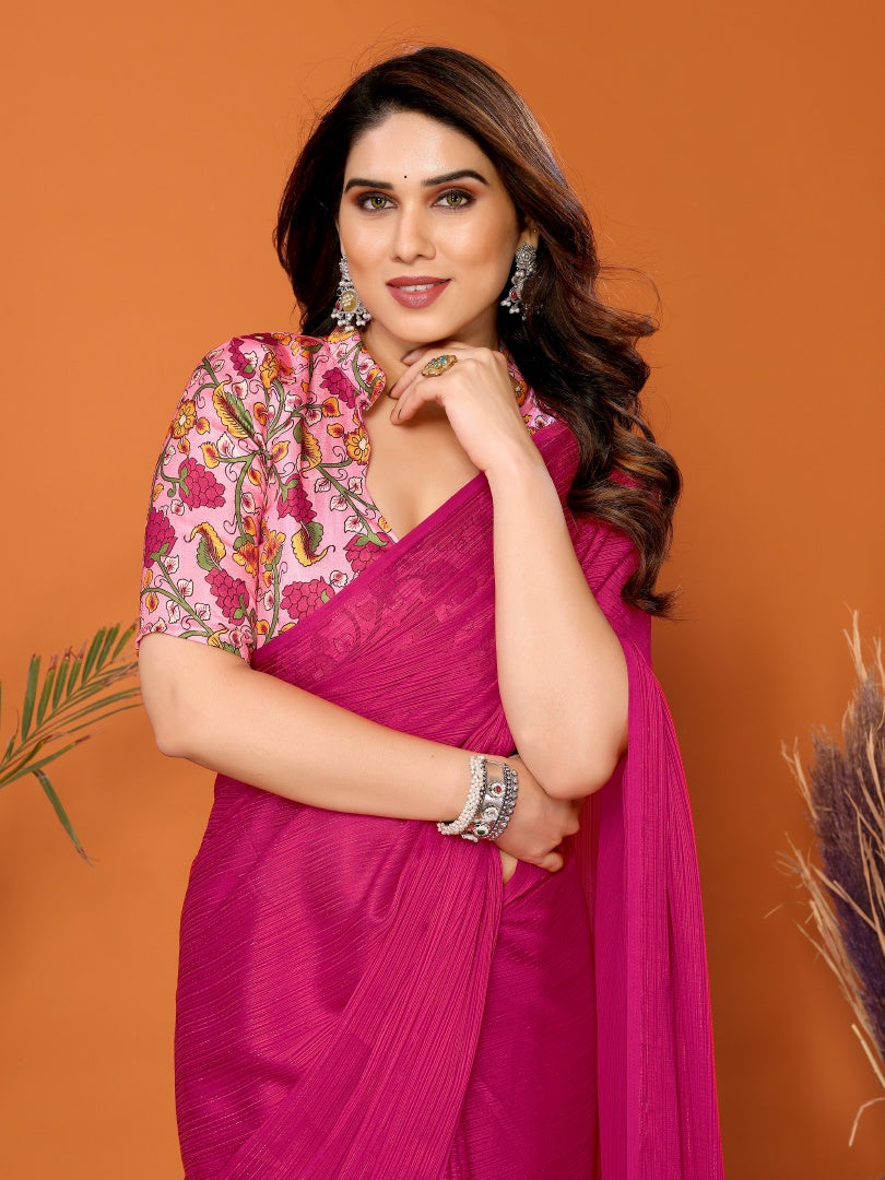 Pink Plain Saree with Kalamkari Digital Print Blouse