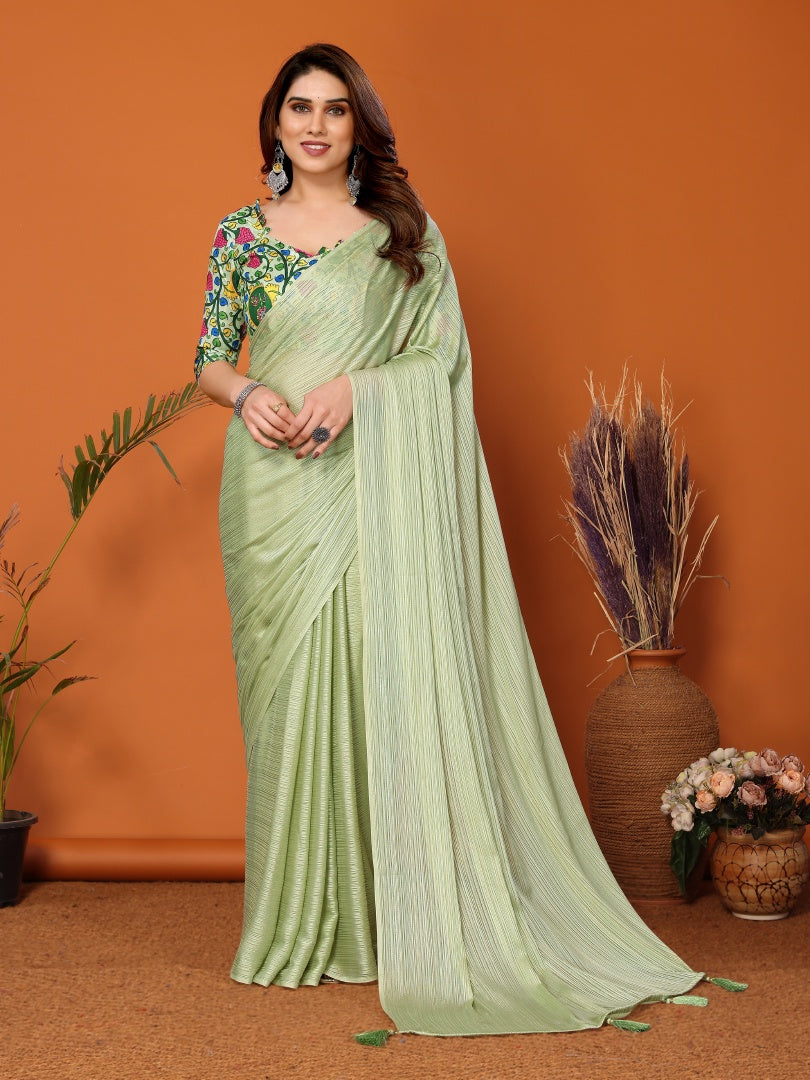 Pista Green Plain Saree with Kalamkari Digital Print Blouse