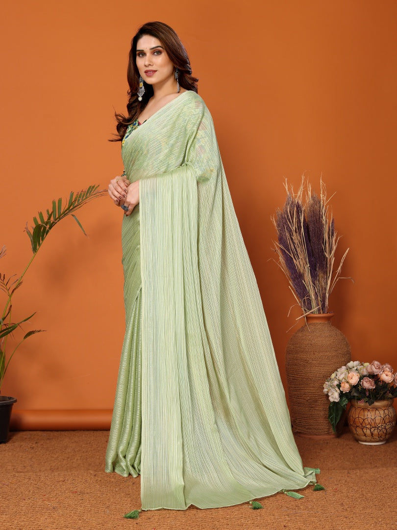 Pista Green Plain Saree with Kalamkari Digital Print Blouse